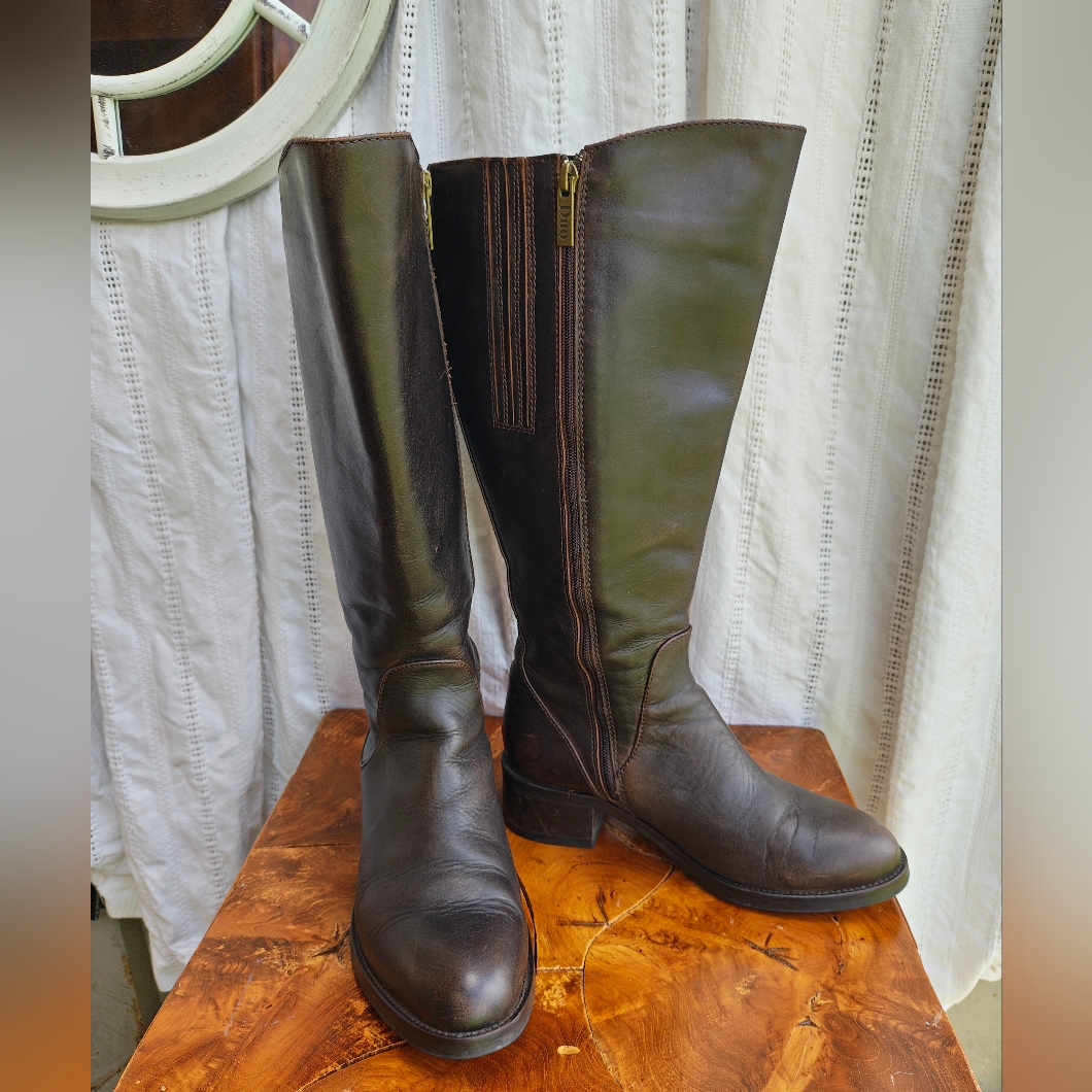Women's Dark Brown Leather Boots By Duo, Sz 38